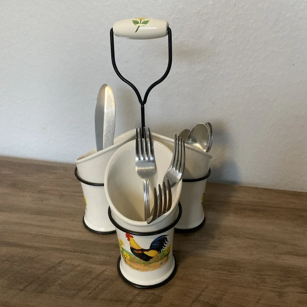 VTG Ceramic Flatware Silverware Rooster Sunflower Caddy